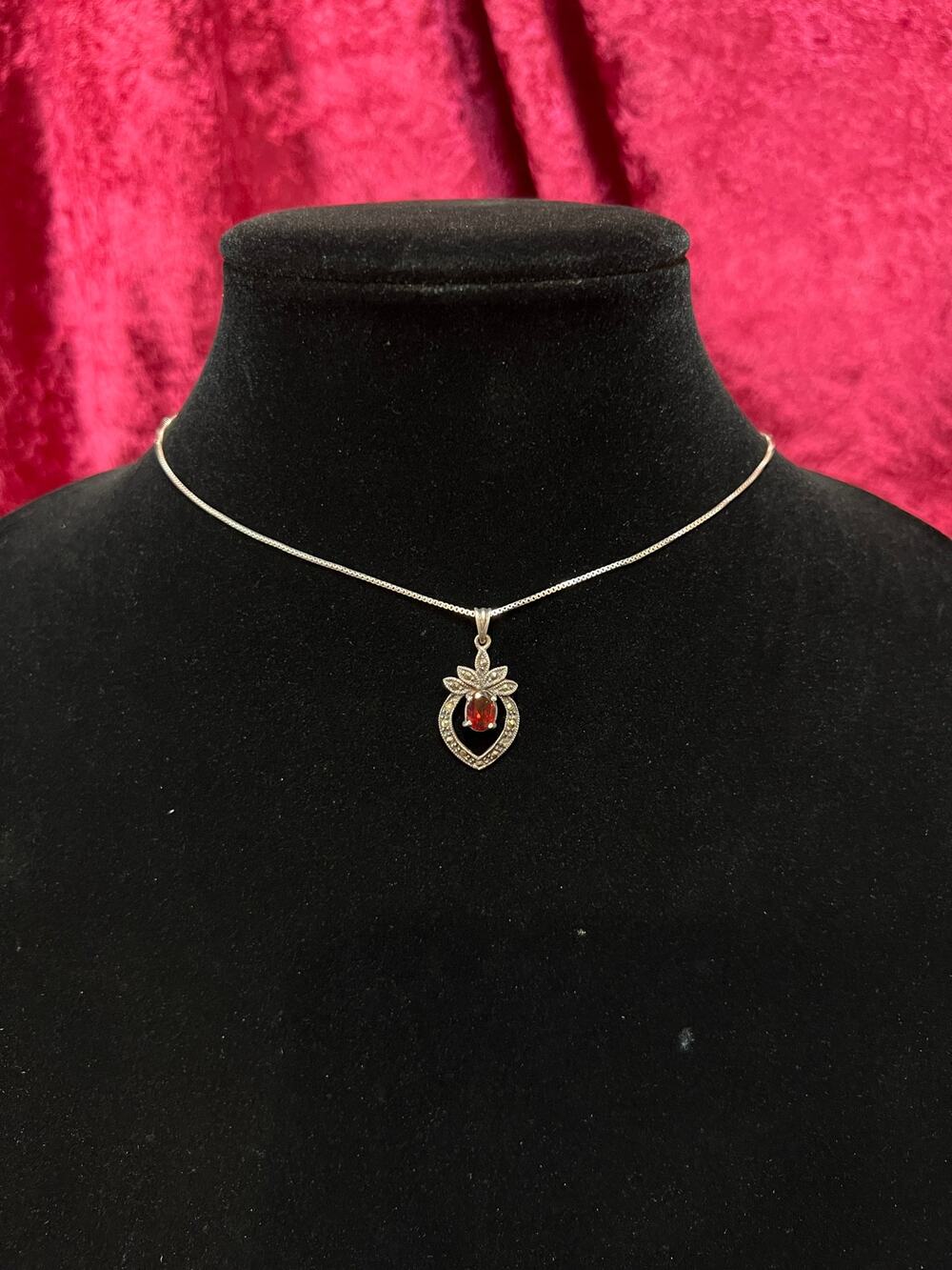 Vintage Sterling Silver Necklace - Garnet Red Heart Pendant Marcasite Accent